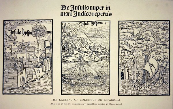 Lo sbarco di Colombo su Espaniola, da un opuscolo contemporaneo pubblicato a Basilea nel 1494 da School English