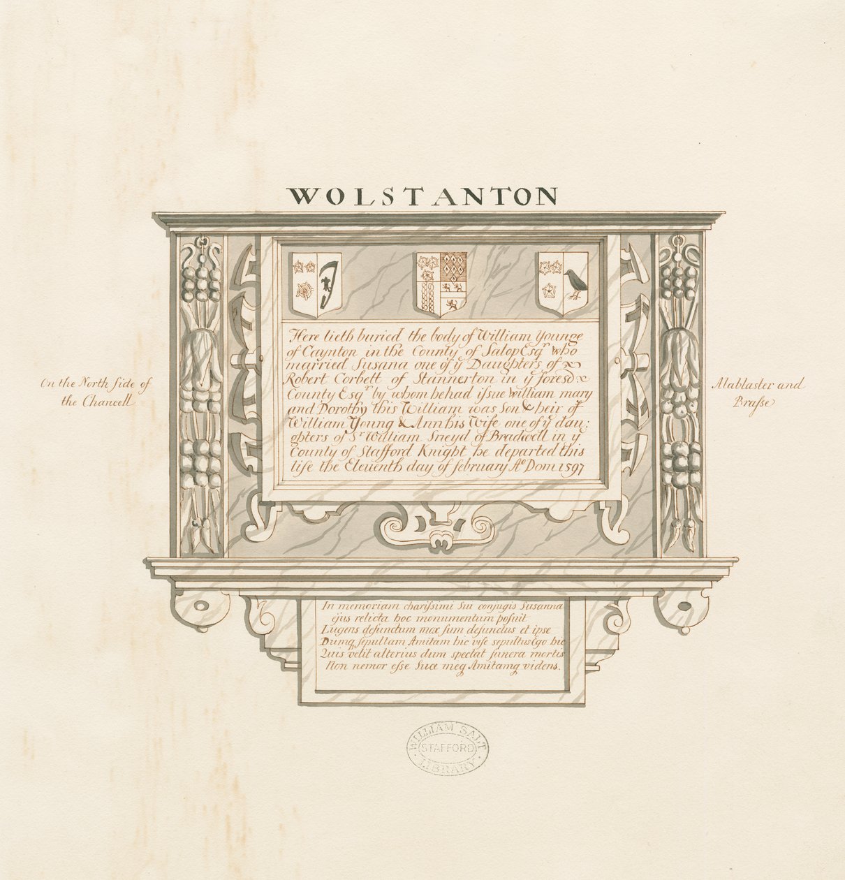 Chiesa di Wolstanton - Monumento murale a William Yonge di Caynton: disegno a penna e inchiostro, nd [?19th cent] da School English