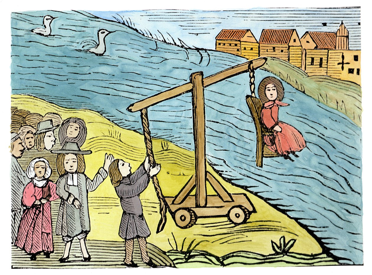 Donna su una sedia da annegamento, accusata di stregoneria, illustrazione da una raccolta di chapbook sull