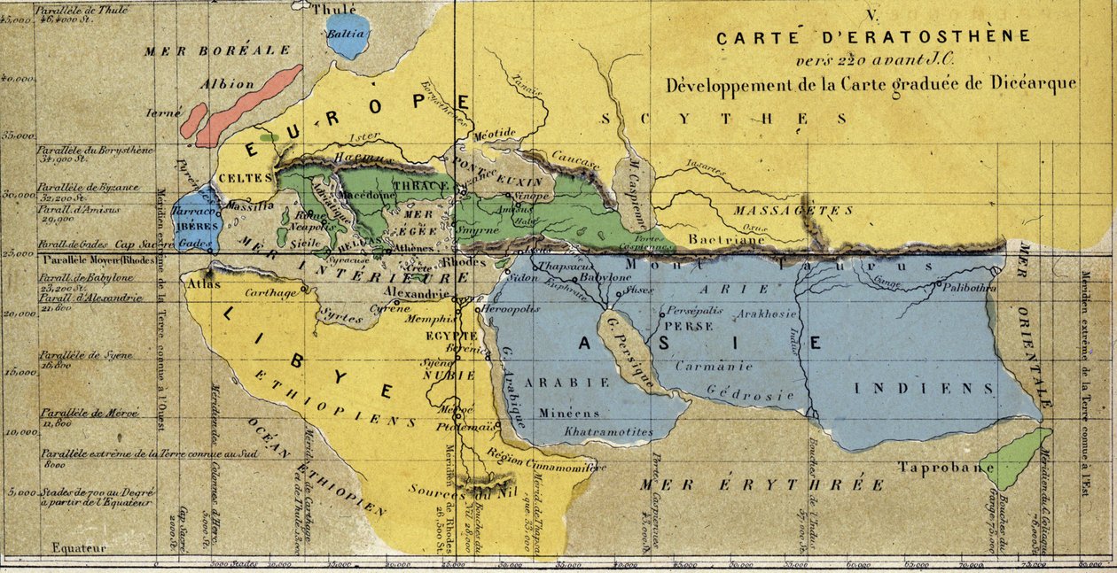 Carta di Eratostene, astronomo, geografo greco del 3° secolo a.C. 220 a.C. da School French
