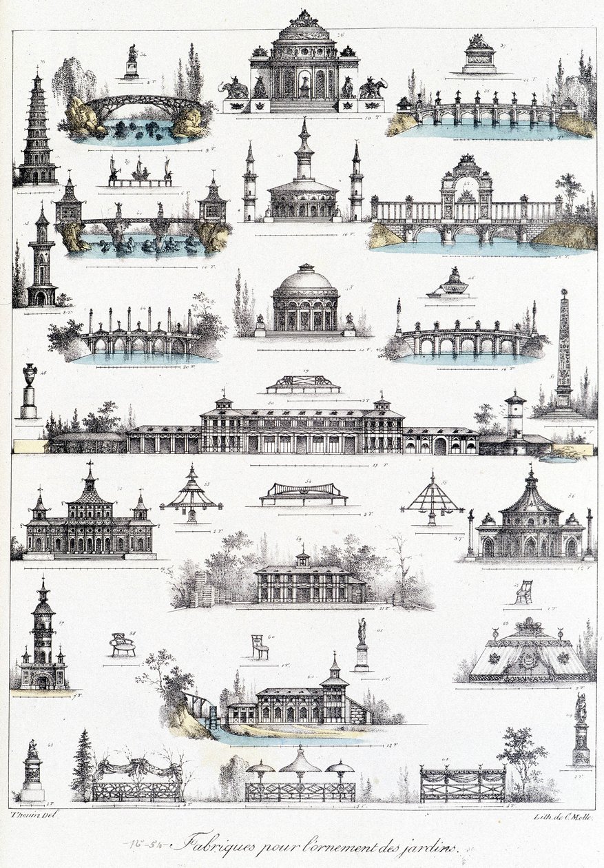 Facciata di diversi edifici dedicati alla fabbricazione di ornamenti da giardino da School French