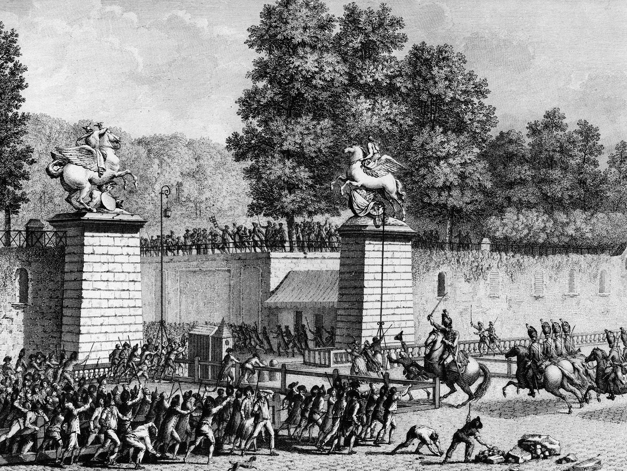 Rivoluzione Francese: Monsieur Charles Eugene de Lorraine, Principe di Lambesc (1754-1825) entra nelle Tuileries con un distaccamento di Royal German il 12 luglio 1789 per reprimere i primi rivoluzionari. Parigi, Biblioteca dell