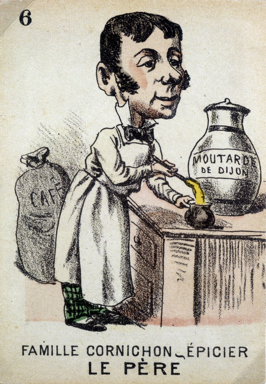 Gioco delle Sette Famiglie: Il padre della Famiglia Cornichon-droghiere che prepara la senape di Digione. Musée de la Carte à Jouer, Issy-les-Moulineaux da School French