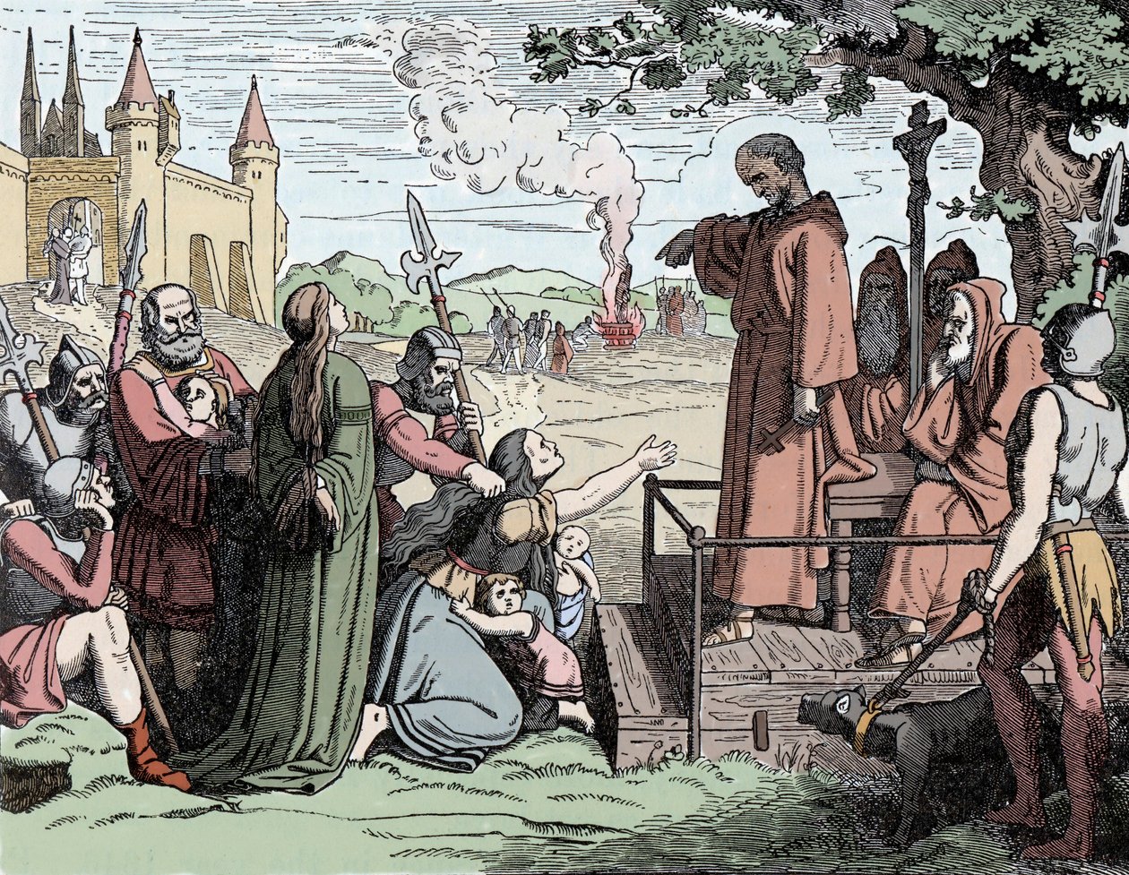 Ebrei condannati a essere bruciati vivi nel Medioevo (litografia a colori) da School French