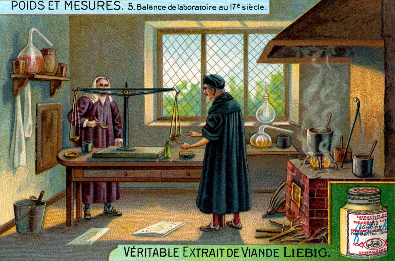 Bilance da laboratorio nel XVII secolo, Carta Liebig (stampa) da School French