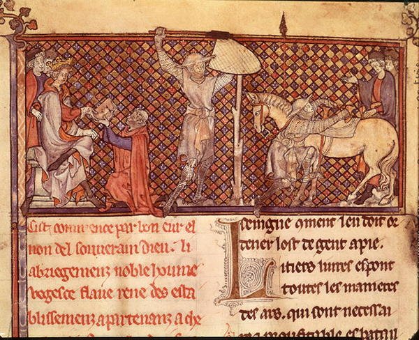Ms 332 fol.1 Jean de Meung (1240-1305) offre il suo libro al Conte di Eu e la Partenza di un Cavaliere, da 
