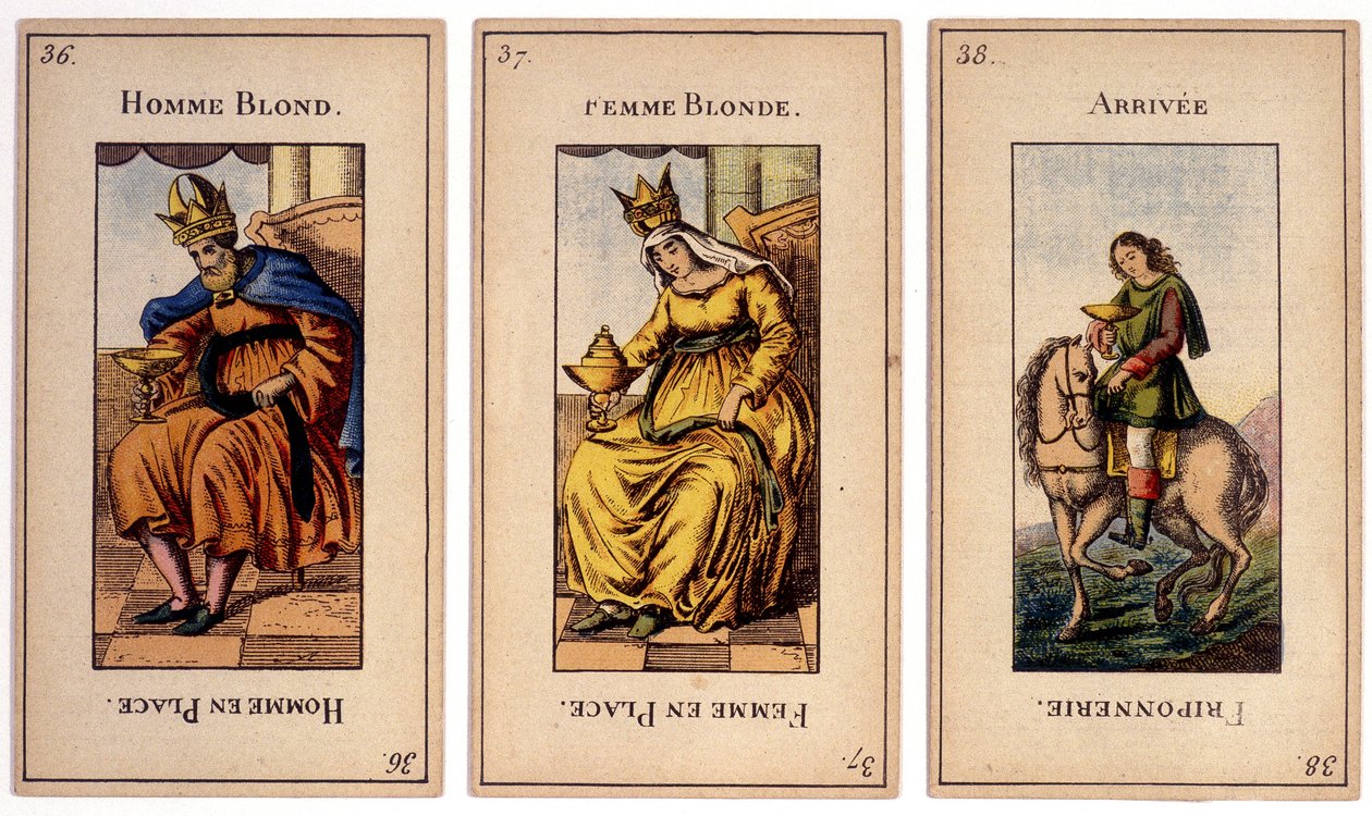 Vecchie carte da gioco raffiguranti il re "uomo biondo", la regina "donna bionda" e l