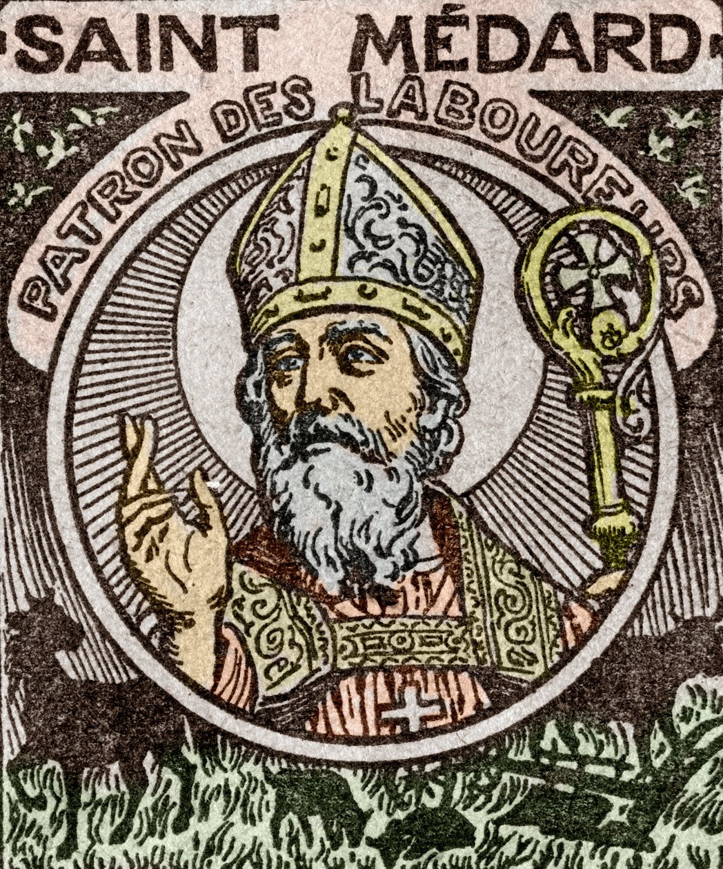 Ritratto di San Medardo, Medardus, vescovo di Noyon, da "Almanach du Pelerin". da School French