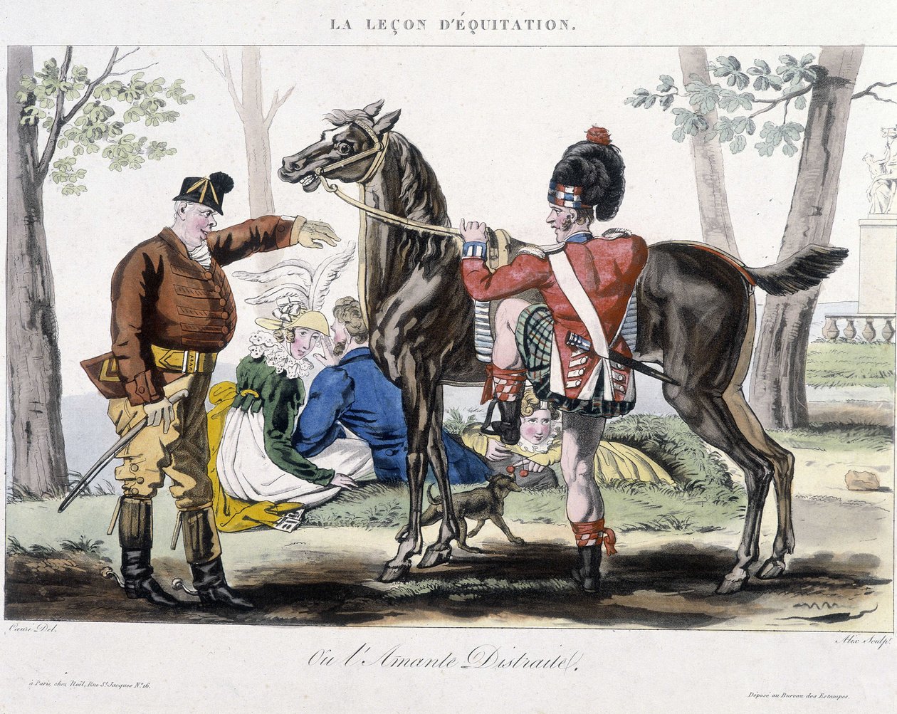 Lezione di equitazione o amante distratto - disegno umoristico da School French