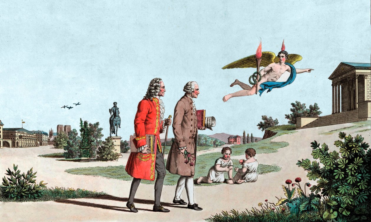 Lo Spirito di Voltaire e Jean Jacques Rousseau li conduce al Tempio dell
