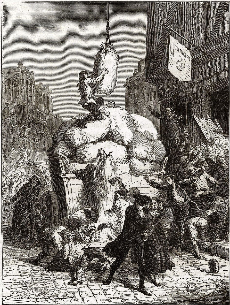 La Guerra delle Farine: saccheggio delle panetterie a Parigi, intorno al 1775 (primi frutti della Rivoluzione Francese). da School French