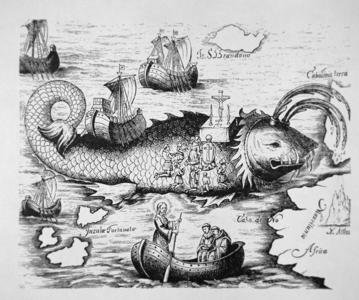San Brandano celebra la Messa sul dorso di un pesce gigante tra le Isole Canarie e l