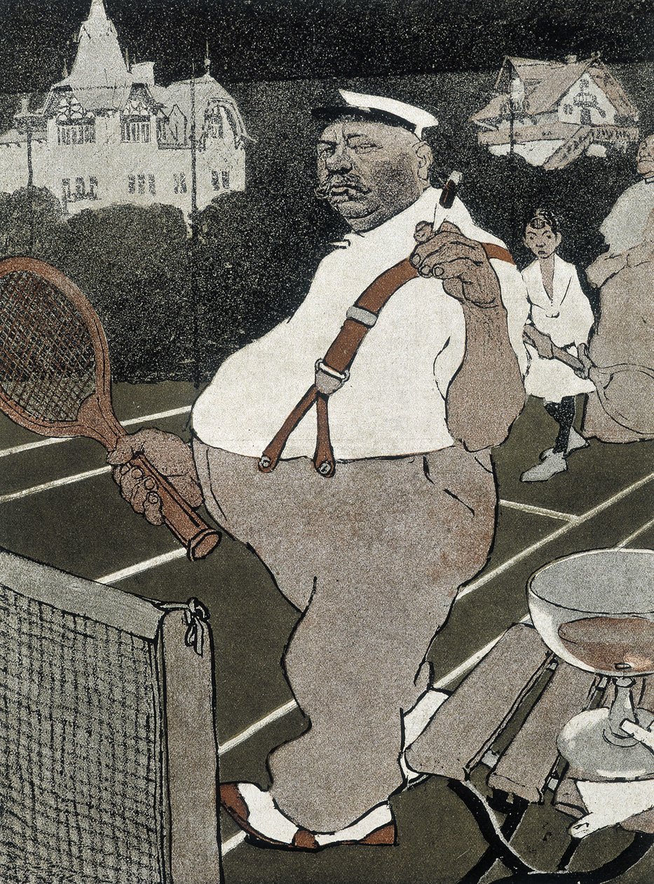Tennis: uomo grasso, fumando e bevendo alcol, giocando a tennis - cartone animato tedesco da School German