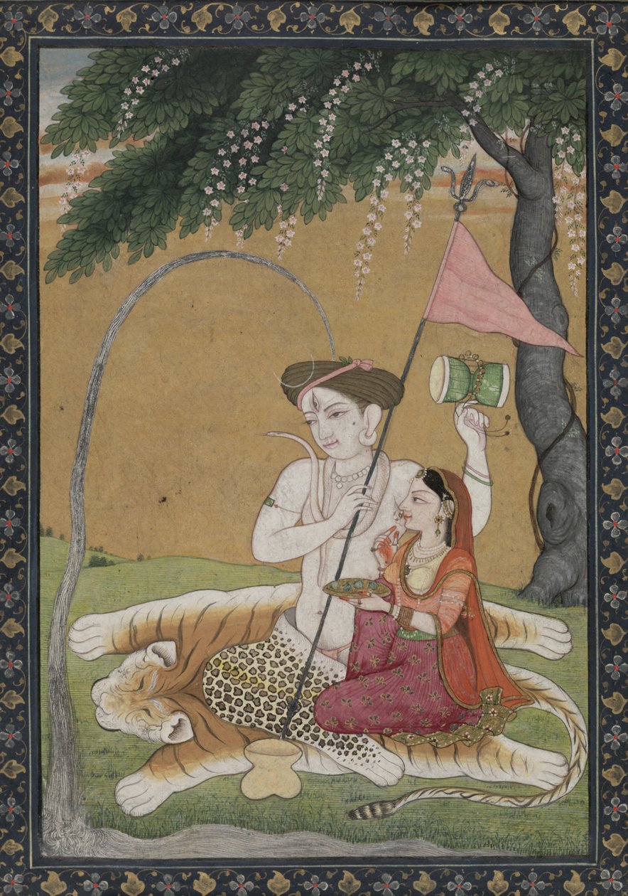 Shiva e Parvati su pelle di tigre da School Guler