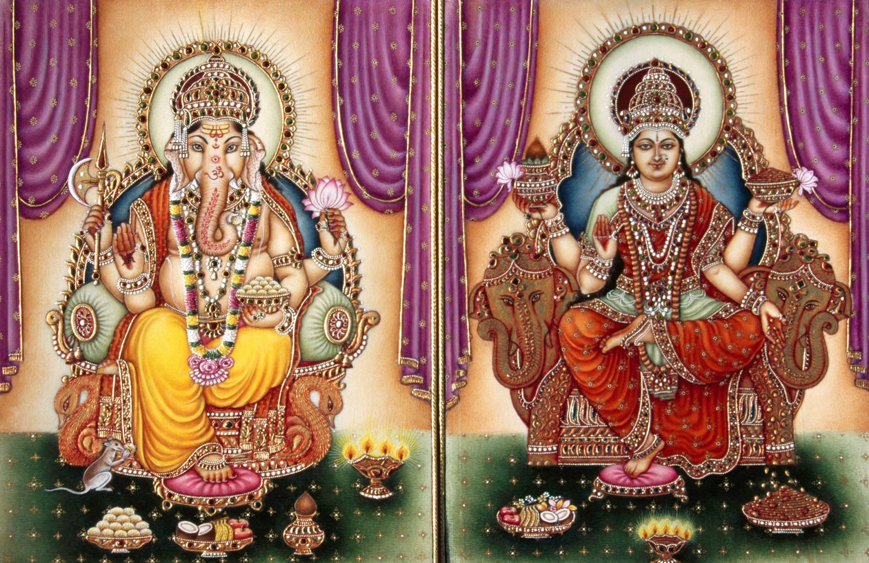 Signore Ganesh Ganpati Dea e Lakshmi Miniatura su Avorio da School Indian