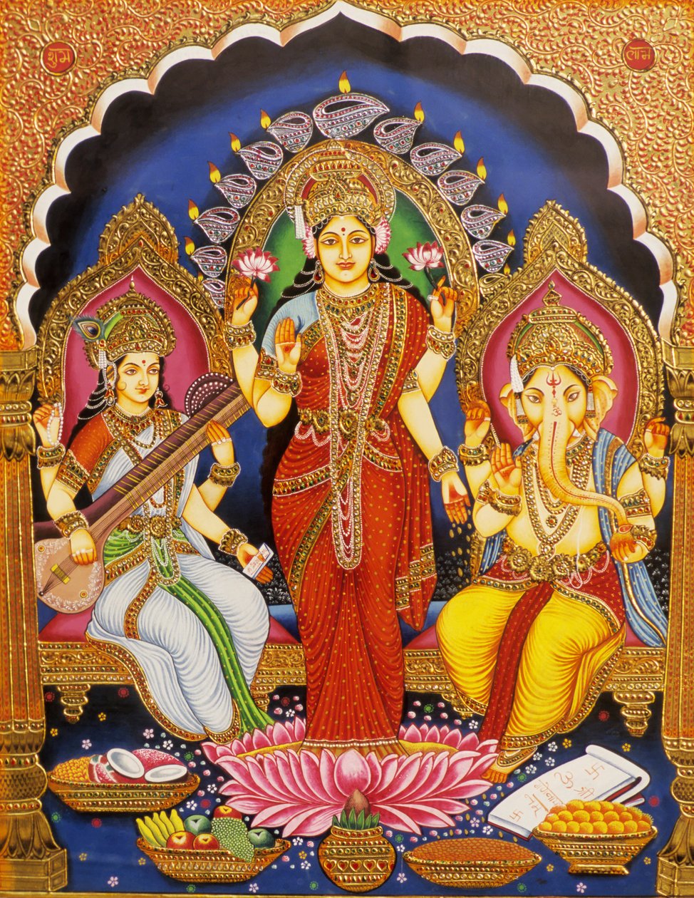 Signore Ganesh con Laxmi e Saraswati Miniatura Dipinta su Carta con Oro in Rilievo India da School Indian