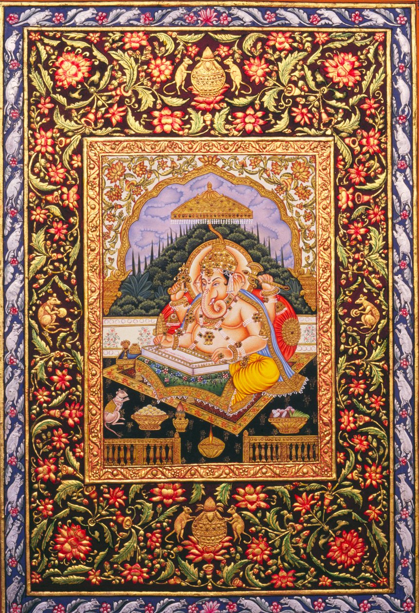 Miniatura dipinta su carta di Lord Ganesha Ganpati con rilievo dorato da School Indian