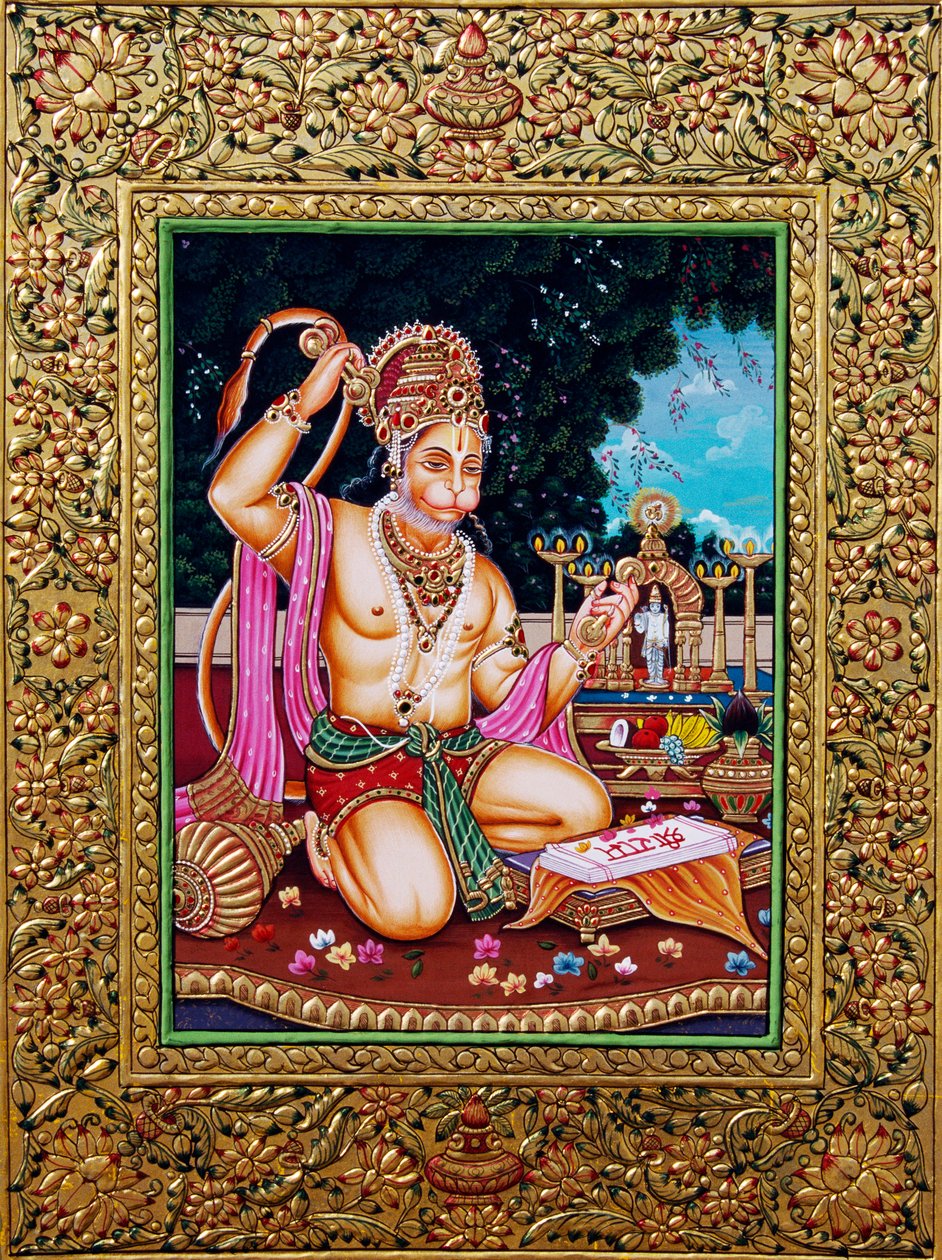 Dipinto in miniatura di Lord Hanuman su carta con rilievo dorato da School Indian
