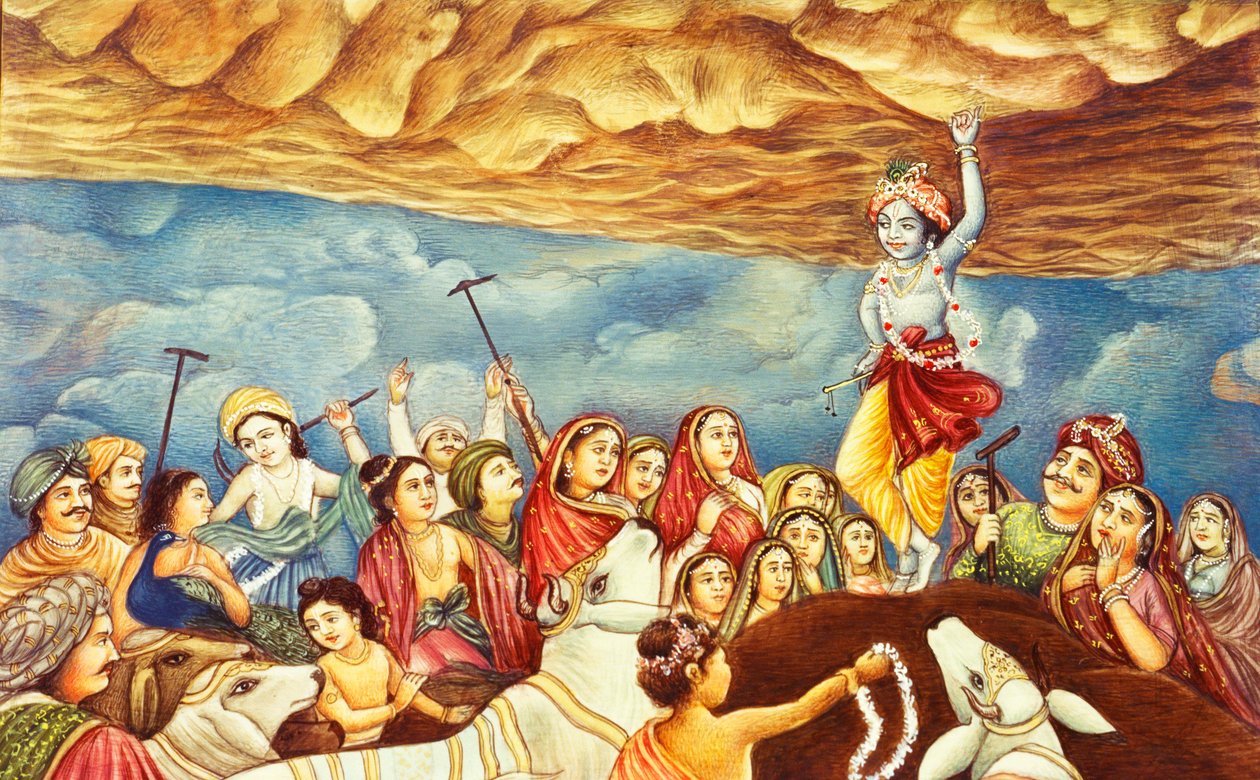 Signore Krishna che solleva la montagna Miniatura da School Indian