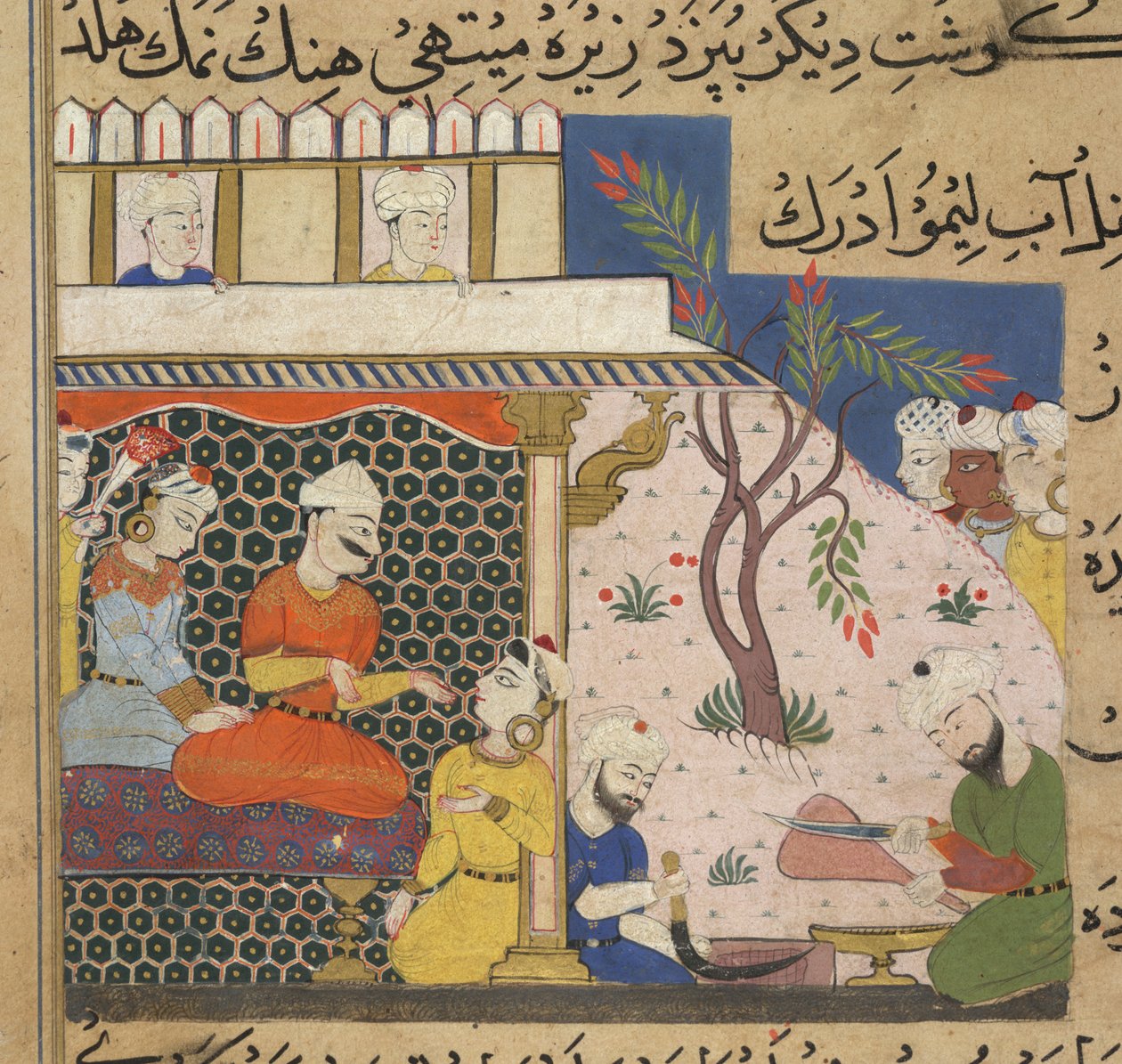 Preparazione della carne tritata per il sultano Ghiyath al-Din, mentre si diletta con le sue donne, dal Ni