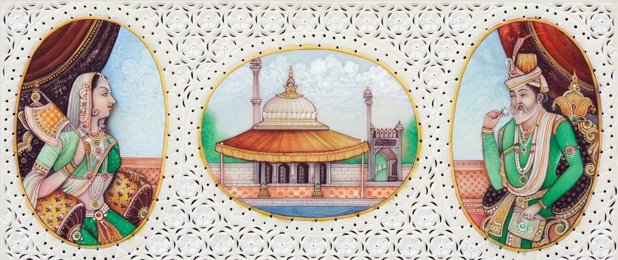 Miniatura del Mughal Imperatore Humayun con la moglie Jhanvi da School Indian