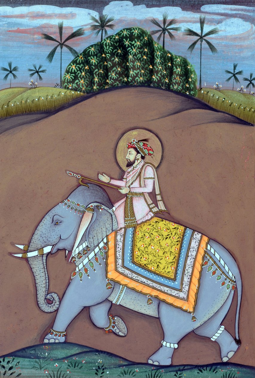 Miniatura del Mughal Imperatore Shah Jahan seduto su un elefante da School Indian