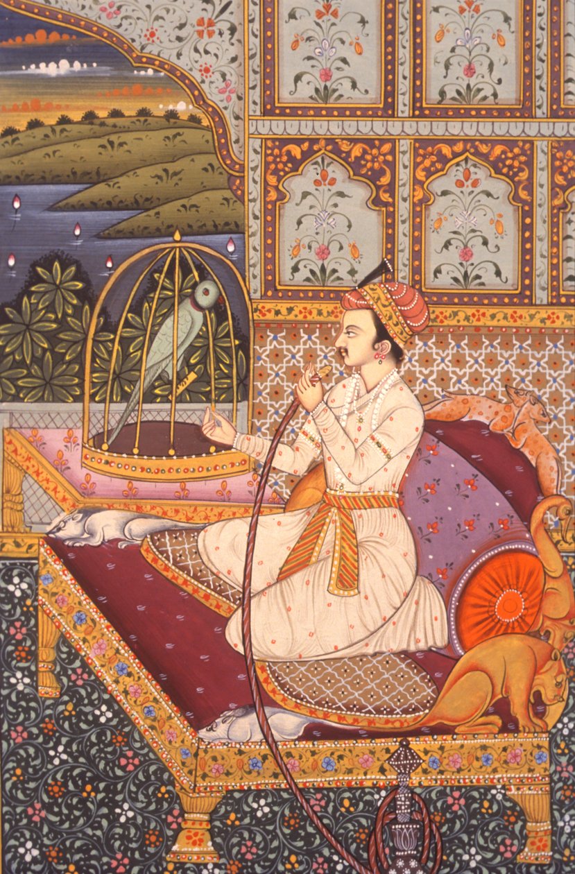 Miniatura di un principe Mughal che si gode il narghilè, India da School Indian