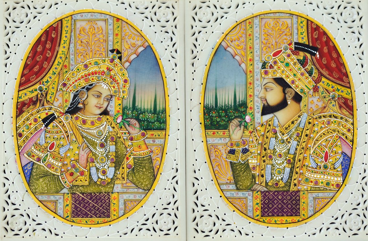 Miniatura di Shah Jahan con la moglie Mumtaj Mahal, India da School Indian