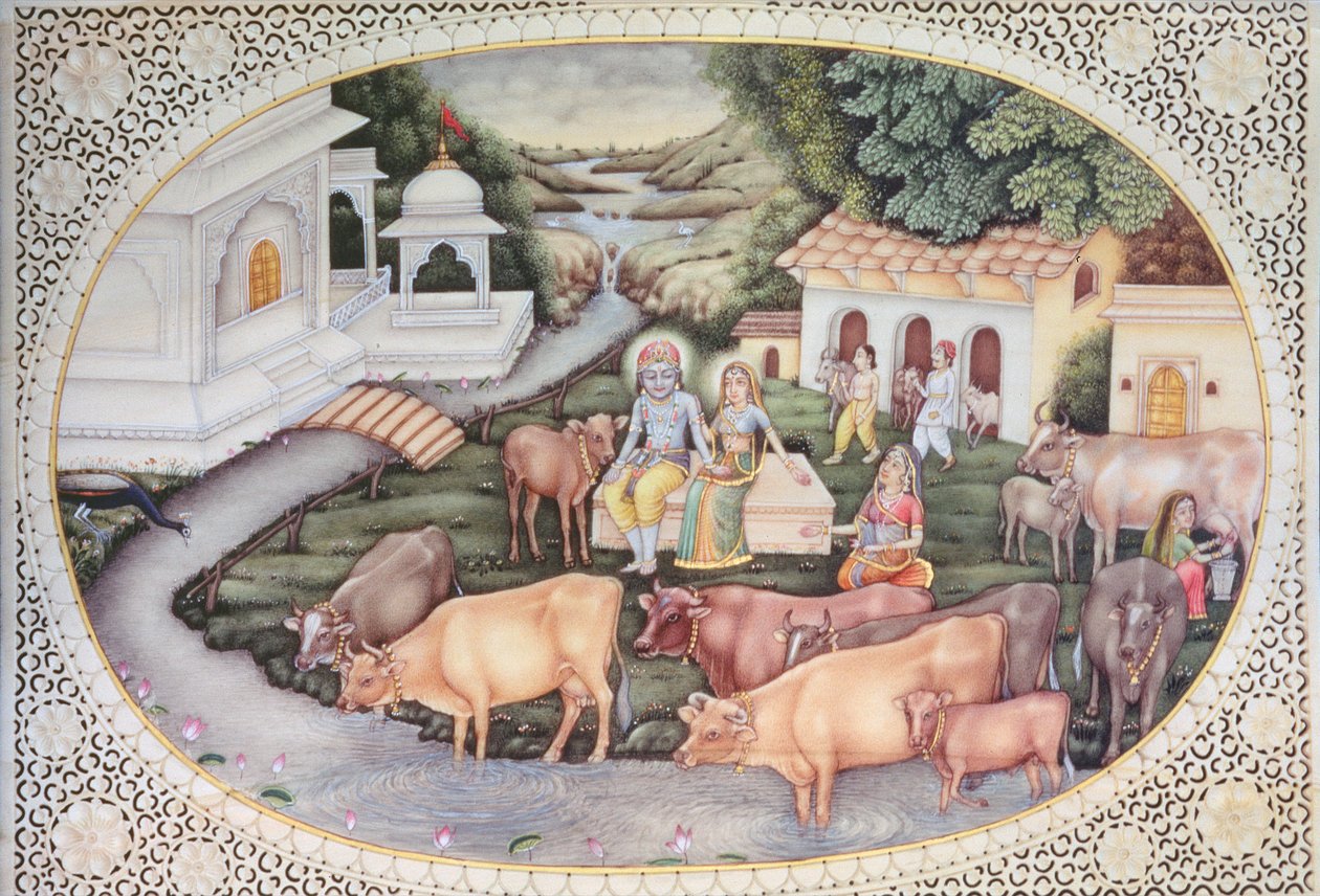 Miniatura di Krishna e una lattaia seduti in un campo con bestiame da School Indian