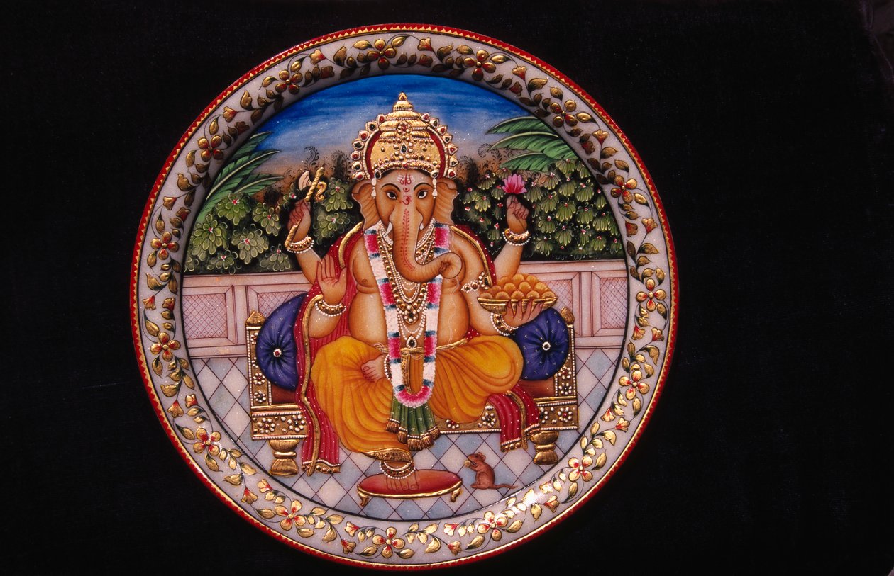 Dipinto di Ganesh Ganpati su Piatto di Marmo da School Indian