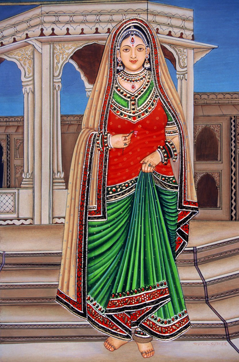 Signora del Rajasthan in miniatura su carta da School Indian
