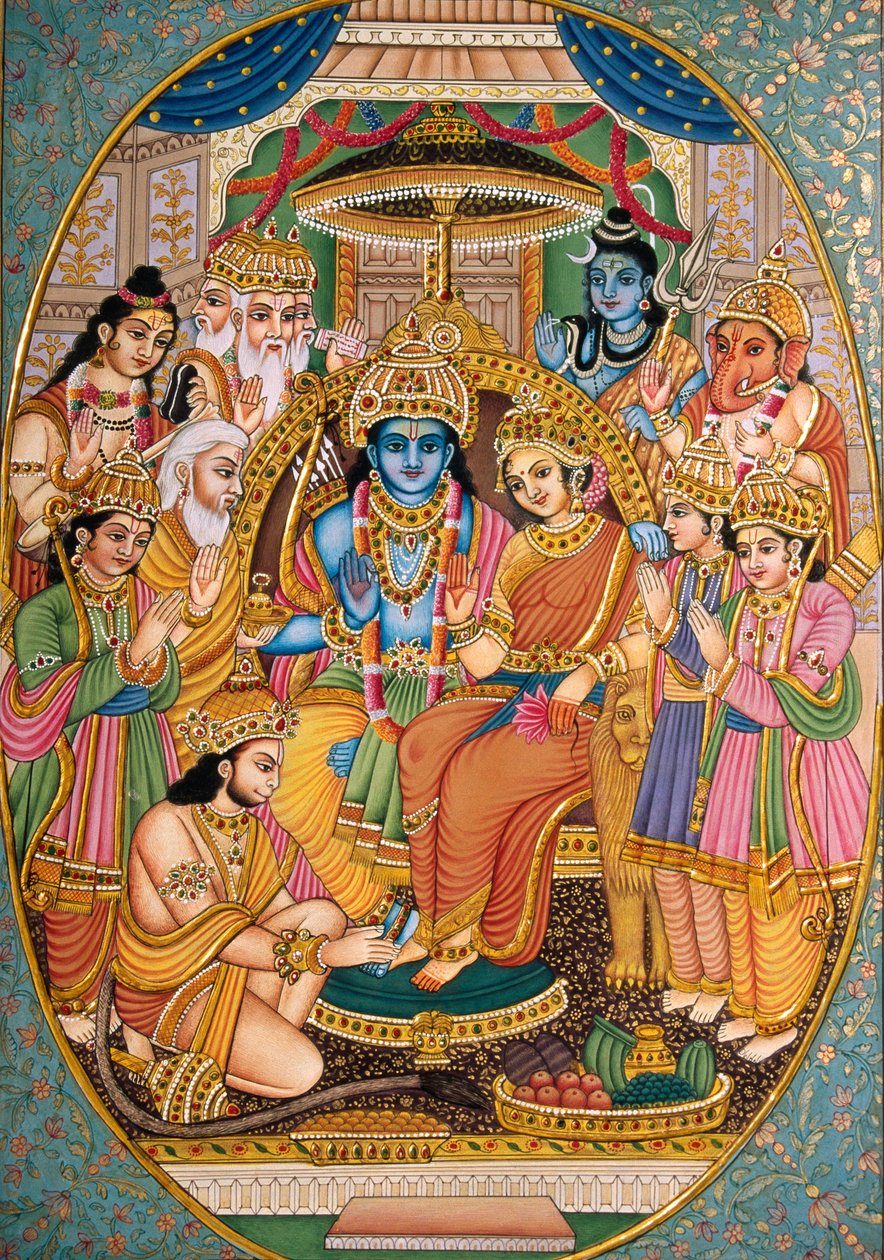Ram-Darbar con altri dei Miniatura su carta da School Indian