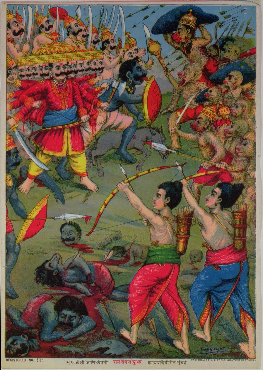 Rama e Lakshmana in battaglia con Ravana, epopea del Ramayana, 1914 circa (cromolitografia) da School Indian