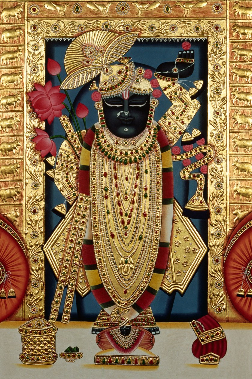Shri Lord Shree Nathji o Shreenathji a Nathdwara Miniatura su carta con rilievo dorato da School Indian