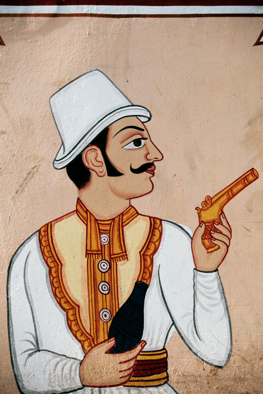 Dipinto murale di soldato britannico con pistola, Jaipur, Rajasthan, India da School Indian
