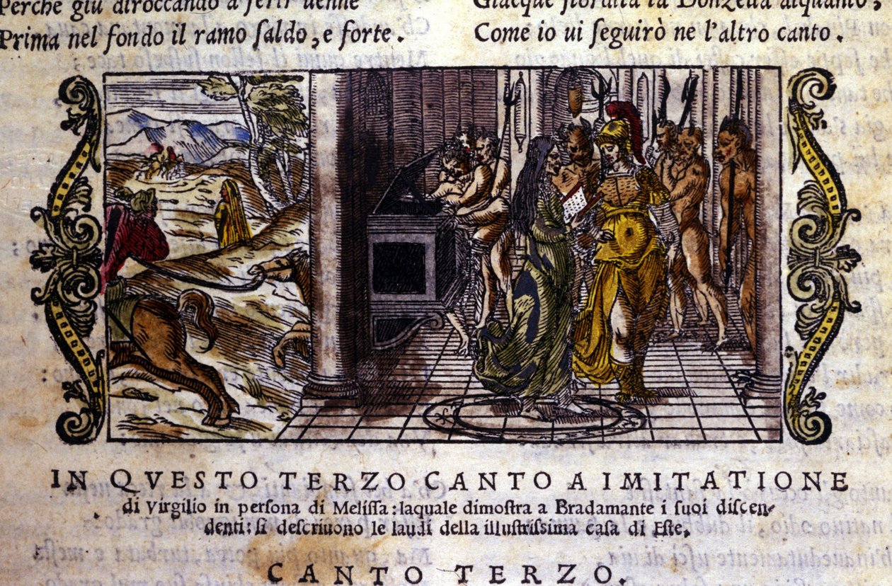 Bradamante incontra il mago Melisse che le dice che lei e Ruggero fondarono la dinastia Este. Scena tratta dal poema cavalleresco 
