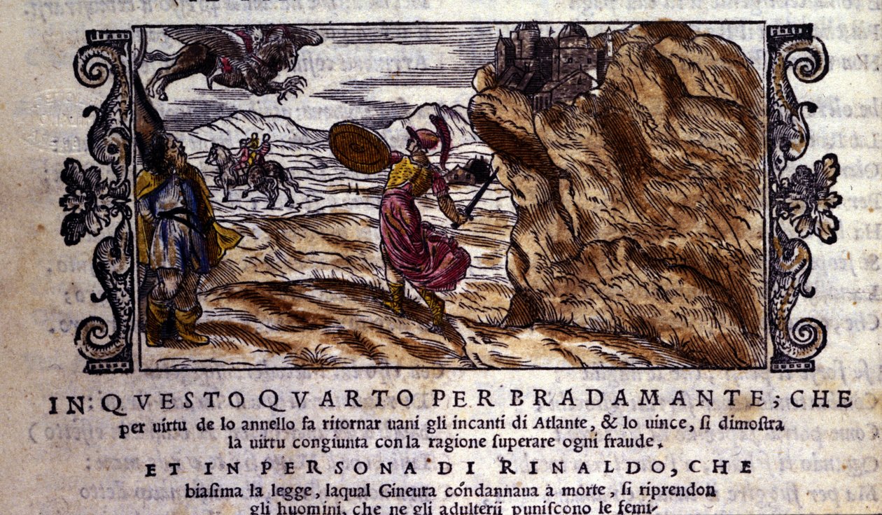 Bradamante strappa a Brunello il suo anello incantato, grazie al quale sconfigge il potere di Atlante e libera Ruggero, scena del poema cavalleresco Orlando Furioso di Ludovico Ariosto, Canto I da School Italian