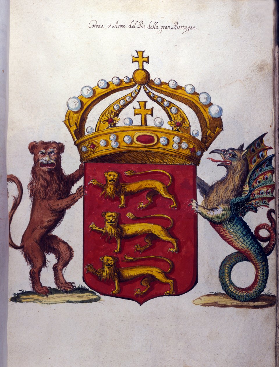 Stemma della famiglia reale britannica decora una corona, un leone e una creatura fantastica. Archivio di Stato, Milano da School Italian