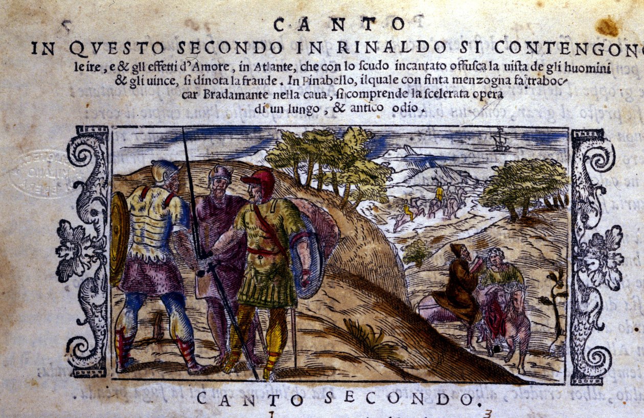 A destra Angelica incontra un eremita che fermerà il combattimento tra Rinaldo e Sacripante per il cavallo Baiardo - Scena tratta dal poema cavalleresco "Orlando Furioso" di Ludovico Ariosto (1474-1533) da School Italian