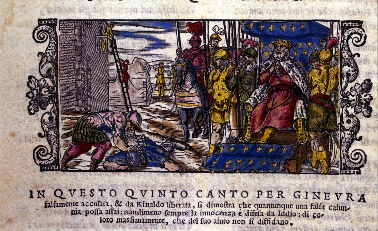 La principessa Ginevra è innocente e il combattimento tra la calunnia e il cavaliere sconosciuto che è venuto a difendere Ginevra è interrotto. scena del poema cavalleresco "Orlando Furioso" di Ludovico Ariosto (1474 - 1533) detto L