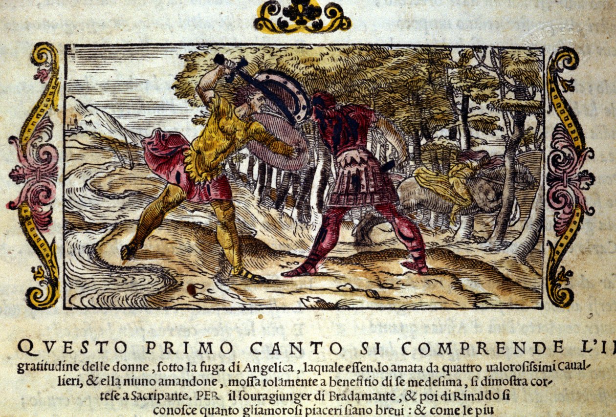 Rappresentazione del combattimento tra Ferragus, il saraceno, e Rinaldo, entrambi innamorati della bella Angelica. Scena tratta dal poema cavalleresco 