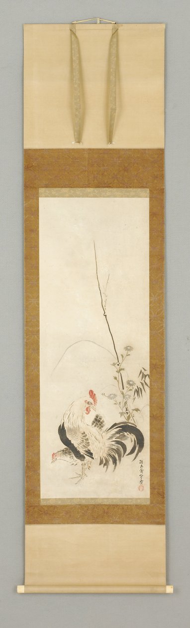 Kakemono, gallo e gallina con fiori da Japanese School