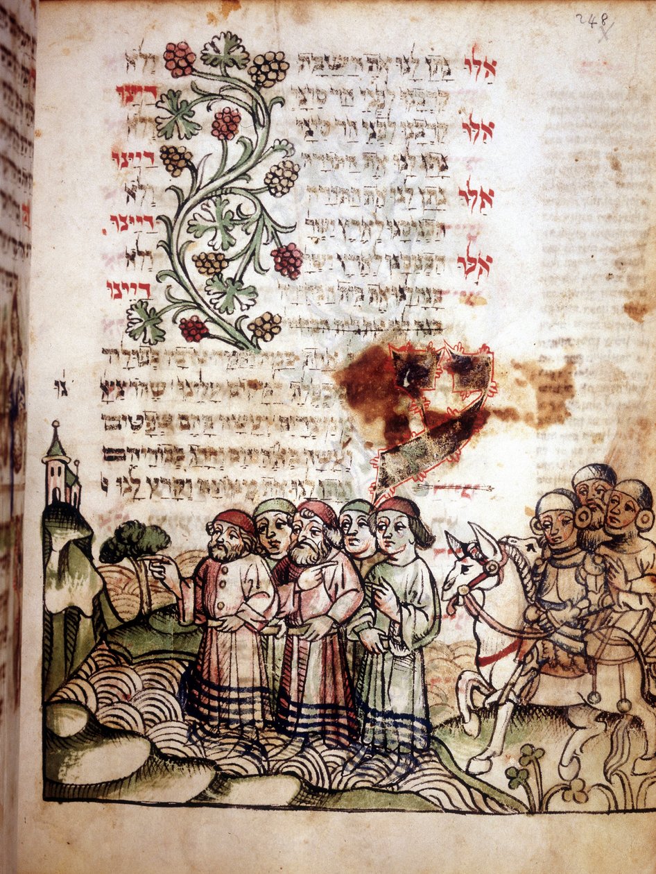 Scena biblica: Gli ebrei attraversano il Mar Rosso. Pagina di un Machazor, libro di preghiere in ebraico. manoscritto sd da School Jewish