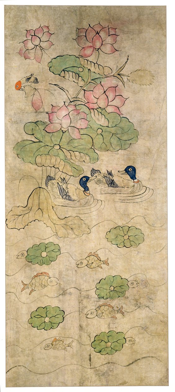 Pannello di un paravento a otto pieghe (pigmenti naturali su carta) da School Korean