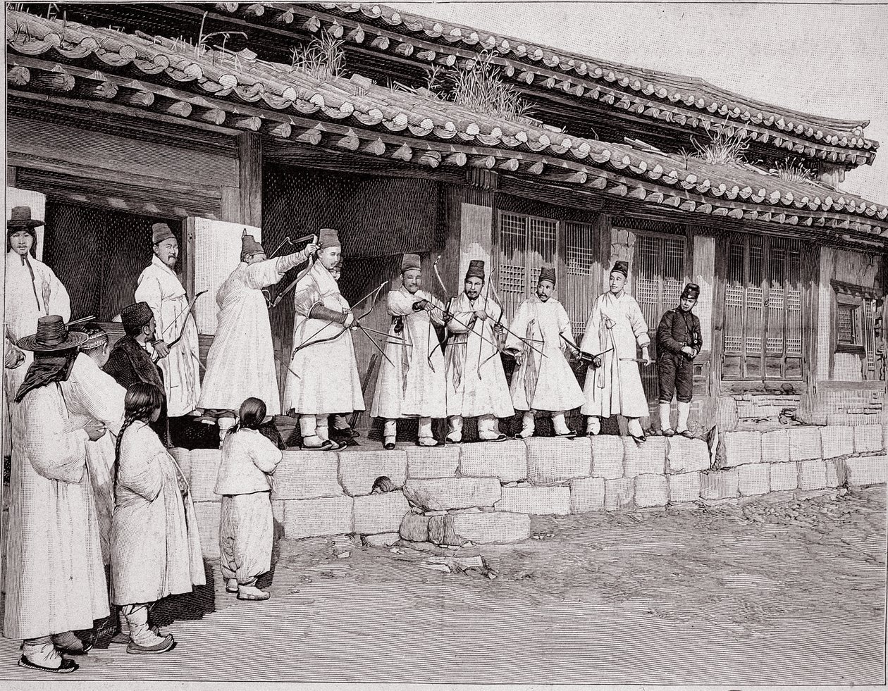 Arcieri nel vecchio palazzo di Seoul, Corea, fine del XIX secolo da School Korean