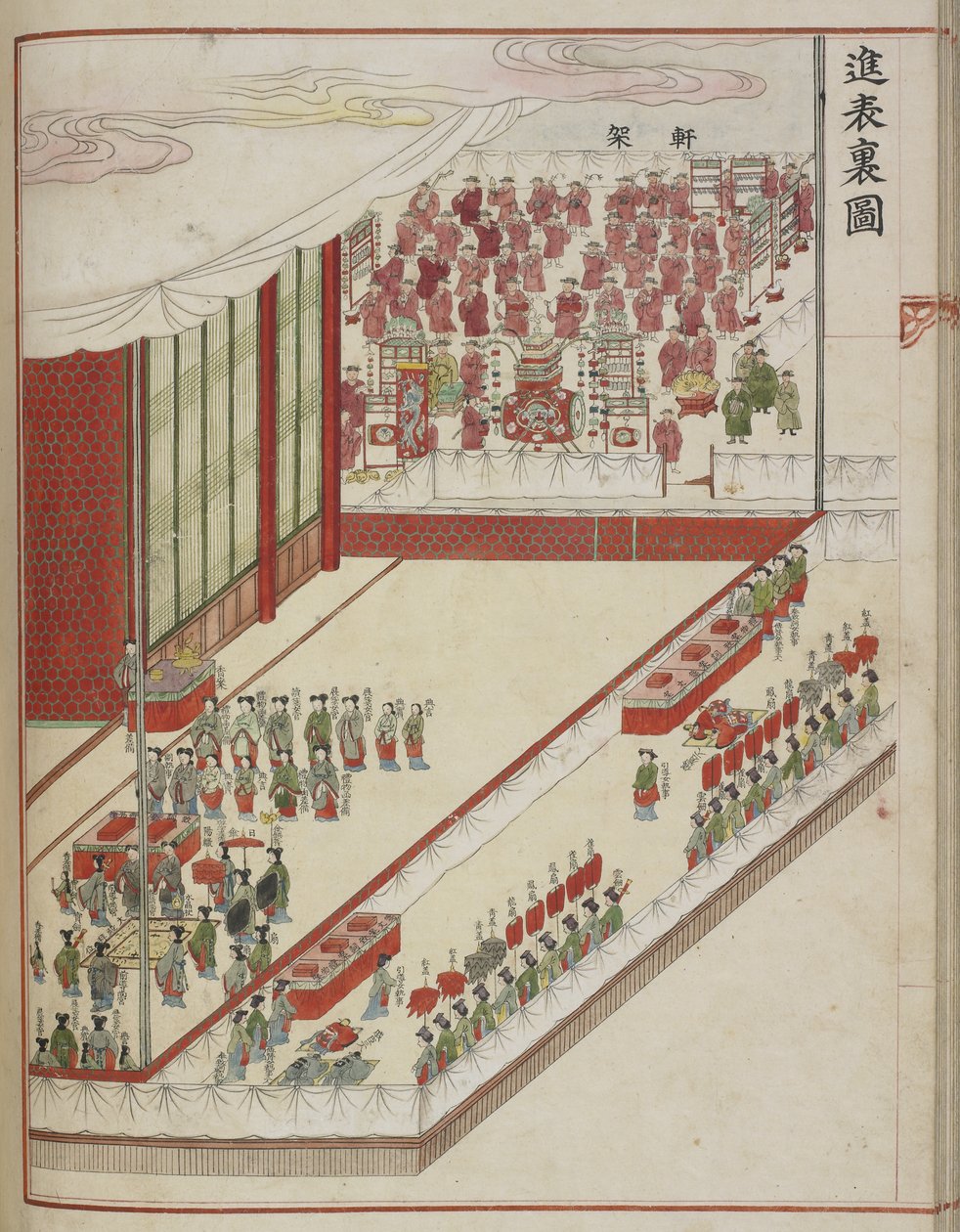 Rituale di corte coreano. Pagina da un manoscritto di corte che mostra il 60° anniversario del matrimonio di Lady Hyegyong e del Principe Ereditario Sado, consumato nel 1749 da School Korean