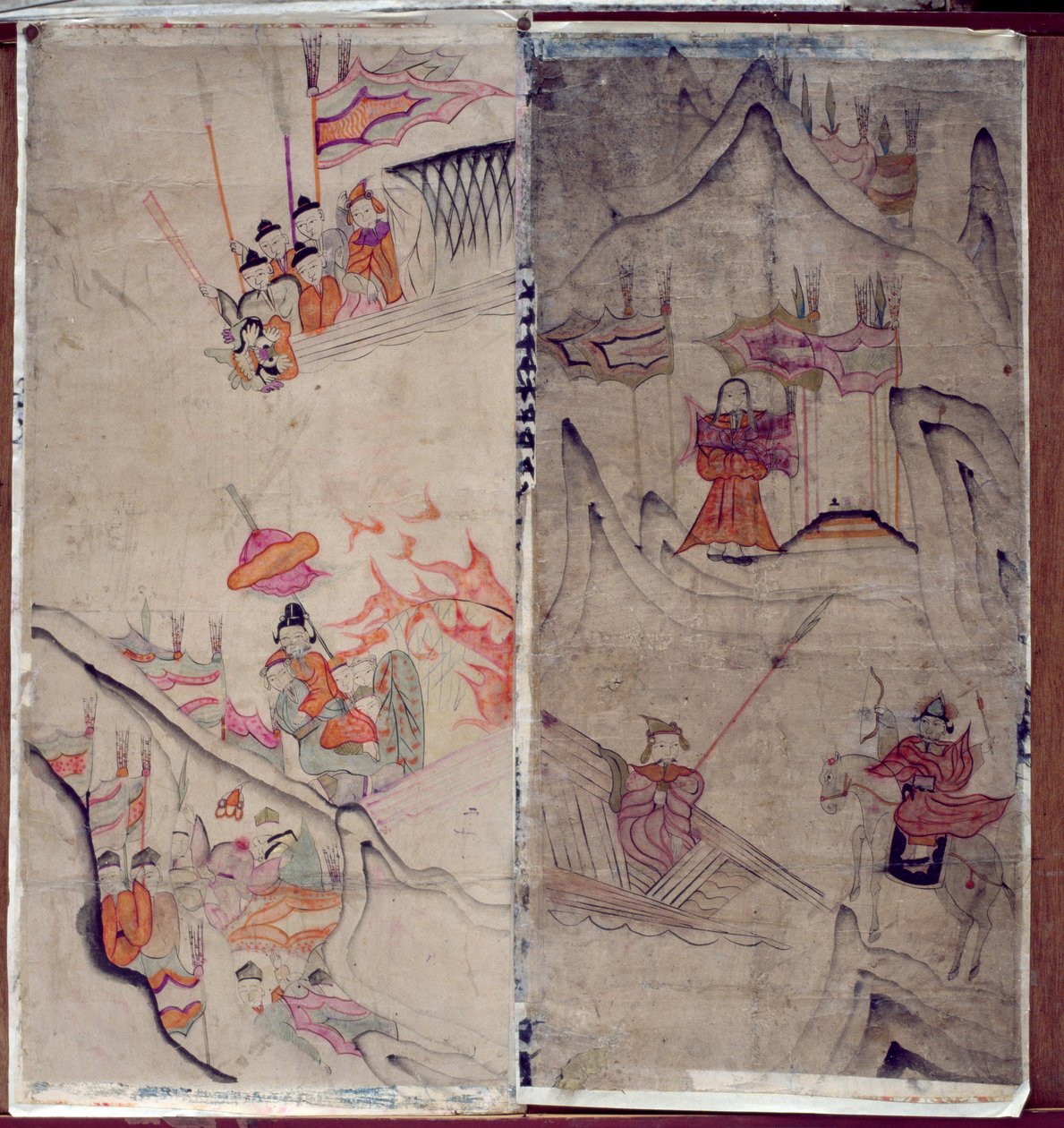Due pannelli di un paravento a otto pieghe raffigurante "Una storia di tre regni" (pigmenti naturali su carta) da School Korean