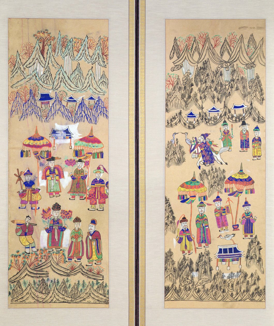 Due pannelli di un paravento a otto pieghe raffiguranti "Dipinti dello sciamanesimo" (colori su carta) da School Korean