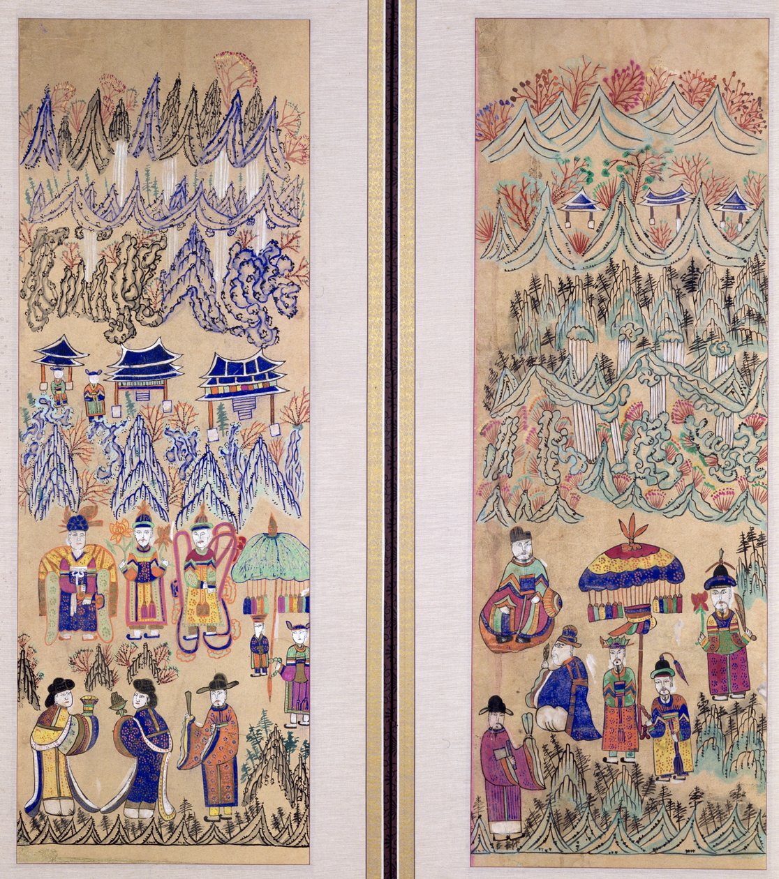 Due pannelli di un paravento a otto pieghe raffiguranti "Dipinti dello sciamanesimo" (pigmenti naturali su carta) da School Korean