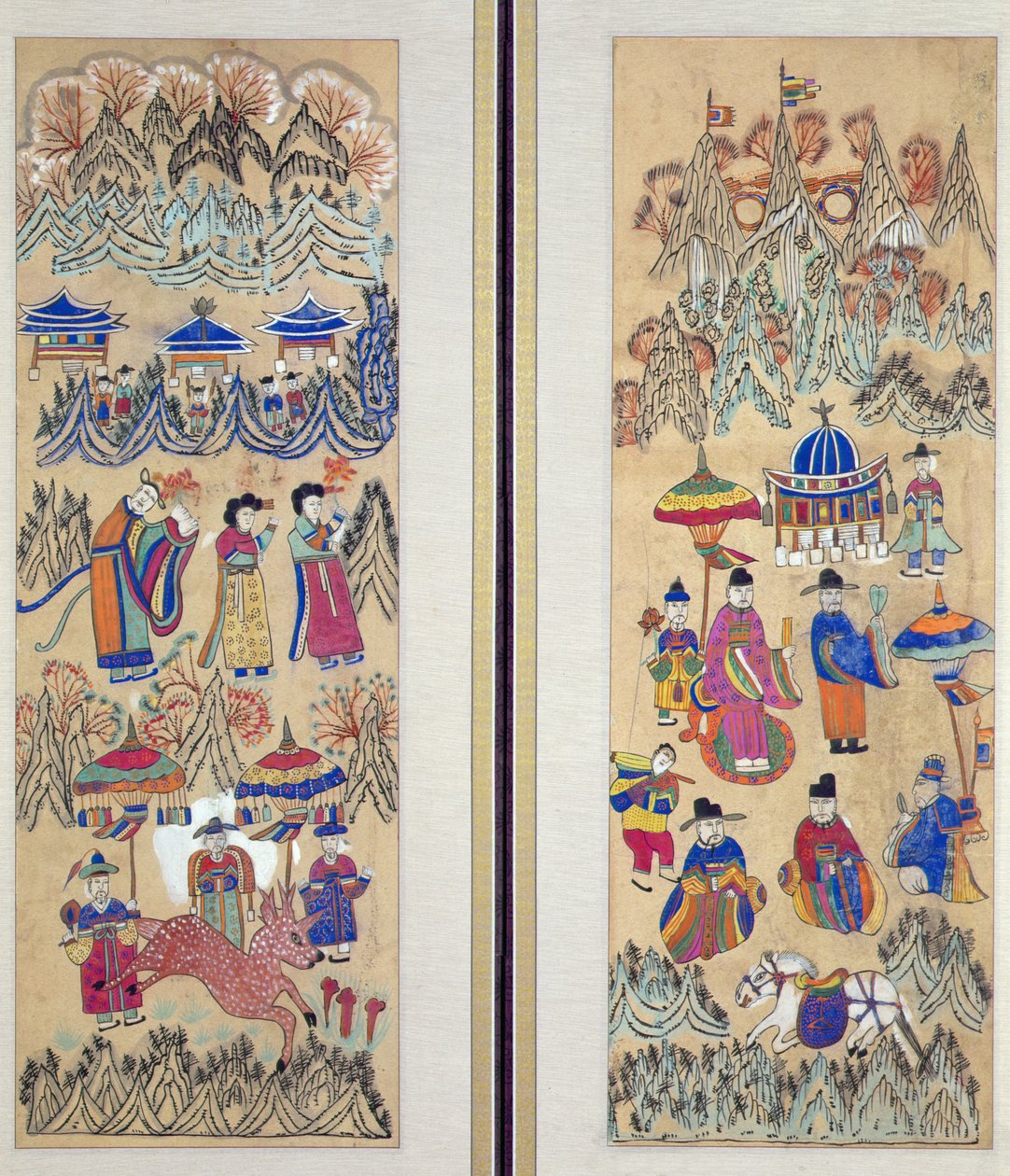 Due pannelli di un paravento a otto pieghe raffiguranti "Dipinti dello sciamanesimo" (pigmenti naturali su carta) da School Korean